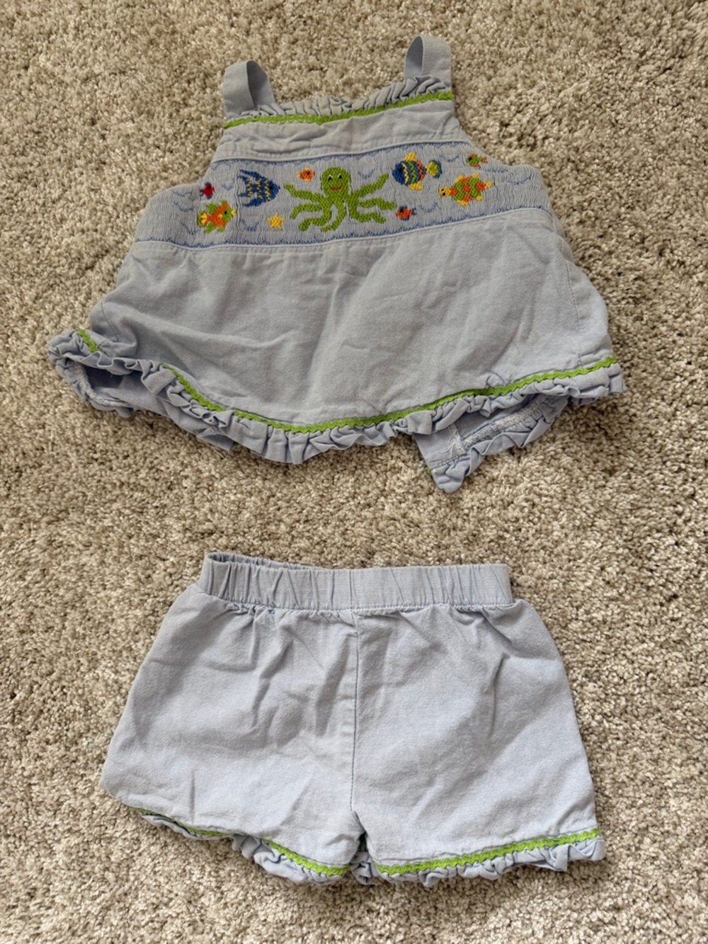 Silly Goosw Light Blue Girls' Ruffle Shorts Set with Ocean Embroidery